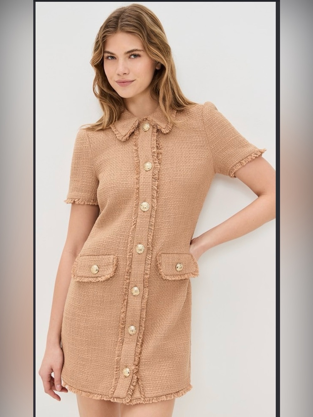 cinq a sept Sz 6 Pammu Short Sleeve Tweed Dress Camel Brown wi/Gold Buttons-